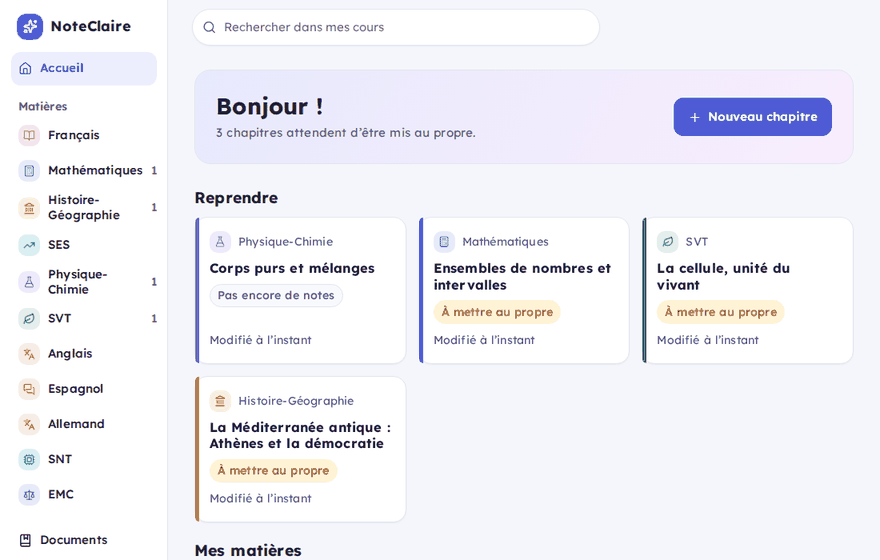 Démonstration : une photo de cahier est lue, remise au propre, relue, puis transformée en fiche de révision et en quiz.
